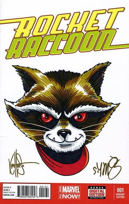 0726DE0763 DF ROCKET RACCOON #1 BLANK VARIANT SIGNED BY SKOTTIE YOUNG AND REMARKED BY KEN HAESER WITH A ROCKET SKETCH
