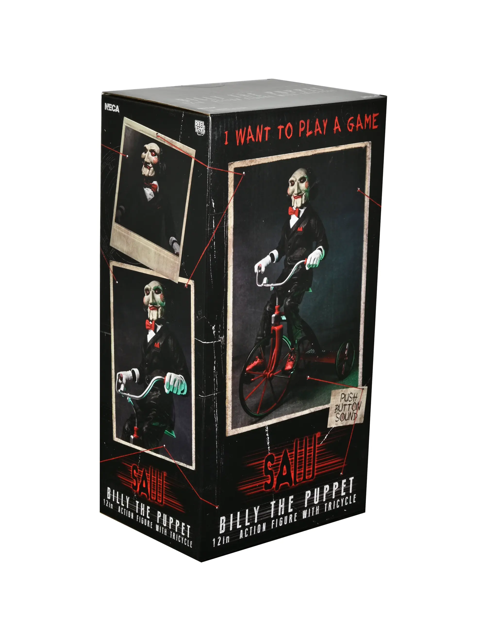 60607_PKG_3 SAW - Billy the Puppet on Tricycle 12" Action Figure with Sound